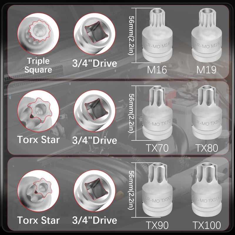 JEUCLEL 6PCS 3/4"Drive Torx Star & Triple Square Impact Socket Set, Cr-MO T100 T90 T80 T70 M18 M16 Impact Drive Allen Socket Kit, Remover Hand Repair Tool - Image 2